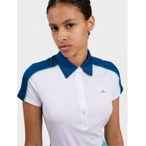 J.Lindeberg Cicca Blue White Golf Quarter Button Down Short Sleeve Short Top